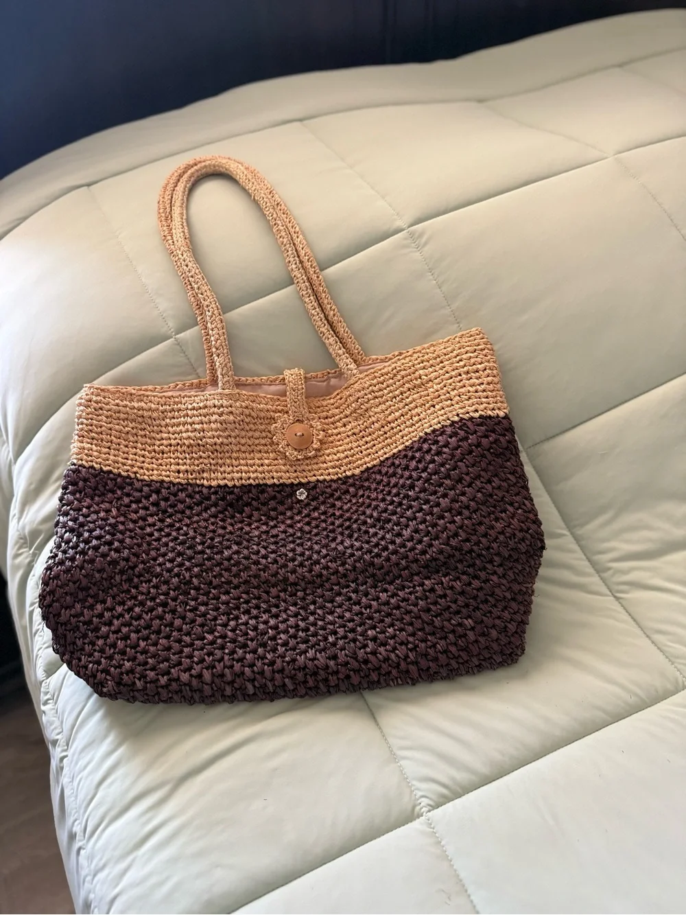 flora Bella Woven Two-Tone Straw Tote Bag - Brown & Tan. Vintage